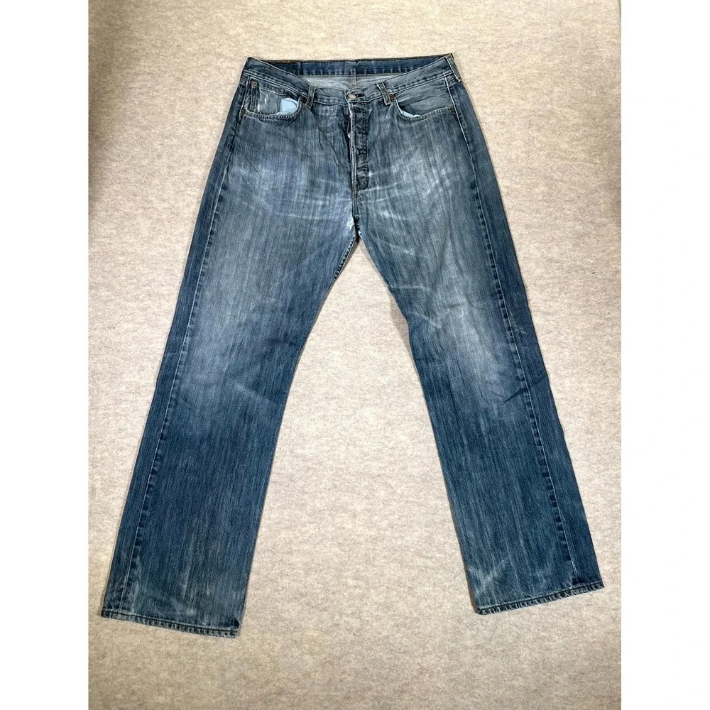 Levis 501 Jeans Mens 38x34 Blue Whiskering‎ Denim Cotton Button Fly Straight Leg